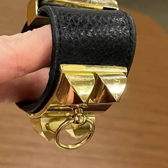 Hermes Collier de Chien leather cuff bracelet noir w/gold hardware fits 6” wrist - Picture 10 of 16
